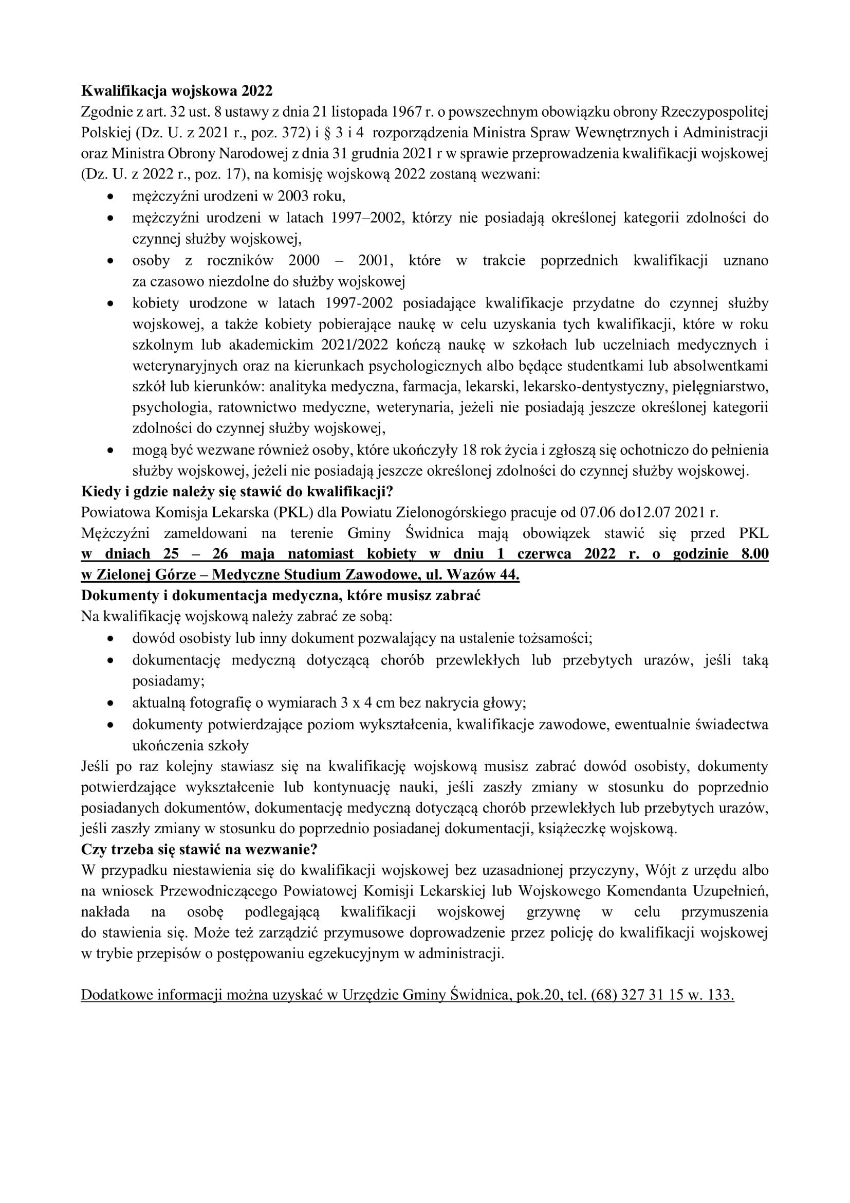 Ilustracja do informacji: Kwalifikacja wojskowa dla mężczyzn zameldowanych na terenie Gminy Świdnica